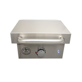 Close up of the Le Griddle Wee Electric Griddle 16" with Lid showcasing its sleek design and 304 stainless steel craftsmanship.